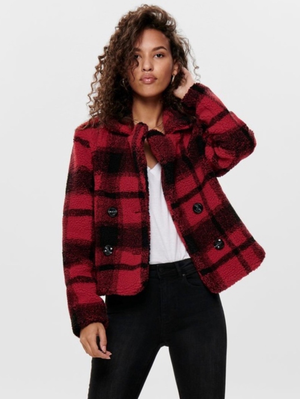 ONLY Red Black Buffalo Plaid Faux Shearling Sherpa Peacoat Jacket Small